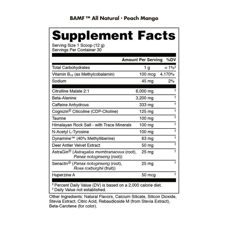 Supplement facts label for BAMF All Natural Peach Mango supplement on a white background