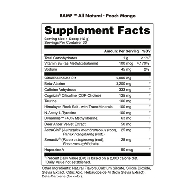 Supplement facts label for BAMF All Natural Peach Mango supplement on a white background