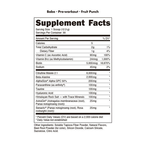 Bucked Up Babe Pre workout for women ingredient panel 