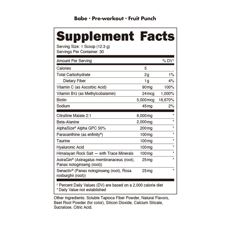Bucked Up Babe Pre workout for women ingredient panel 