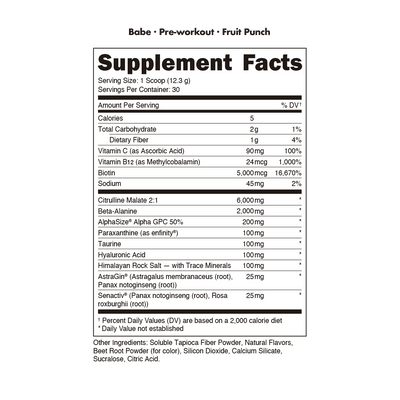 Bucked Up Babe Pre workout for women ingredient panel 