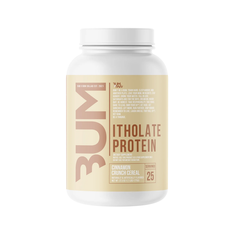 A container of RAW Whey Isolate Protein powder with the flavor CBUM Itholate, Cinnamon Crunch Cereal
