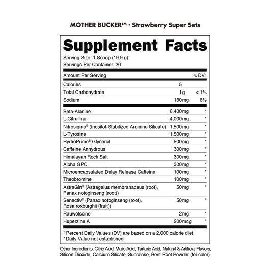 Bucked Up Mother Bucker Pre-workout Ingredient Panel and Formula