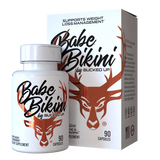 "Bucked Up Babe Bikini dietary supplement bottle – women’s wellness formula with L-Carnitine, InnoSlim, Paraxanthine, Berberine, L-Theanine, Grains of Paradise, Cayenne Pepper, and BioPerine for energy, focus, and metabolism support."