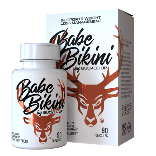 "Bucked Up Babe Bikini dietary supplement bottle – women’s wellness formula with L-Carnitine, InnoSlim, Paraxanthine, Berberine, L-Theanine, Grains of Paradise, Cayenne Pepper, and BioPerine for energy, focus, and metabolism support."