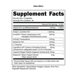 "Bucked Up Babe Bikini supplement facts – 3-capsule serving with Vitamin B12, Acetyl L-Carnitine HCl, InnoSlim, Paraxanthine, Berberine, L-Theanine, CaloriBurn GP, Cayenne Pepper, and BioPerine – 30 servings per container." 