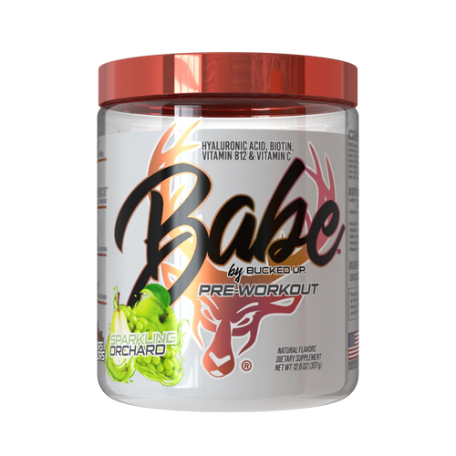 Bucked Up Babe Pre-workout supplement for women Sparkling Orchard Flavor in a container with red lid and colorful label on a white background