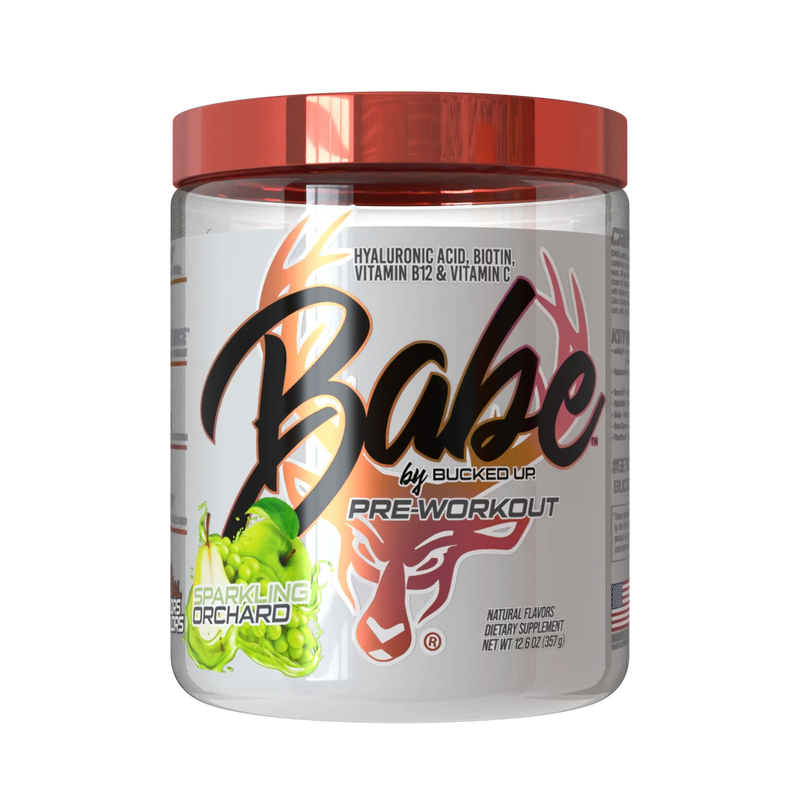 Bucked Up Babe Pre-workout supplement for women Sparkling Orchard Flavor in a container with red lid and colorful label on a white background