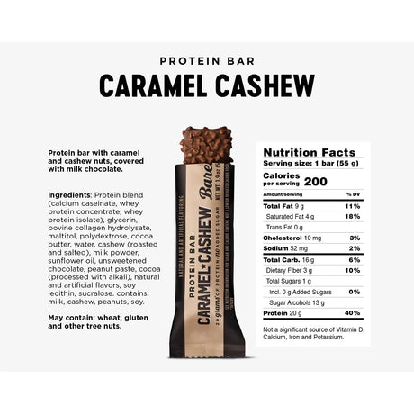 Barebells Protein bar packaging with 'Caramel Cashew' flavor, including nutrition facts and ingredients list.