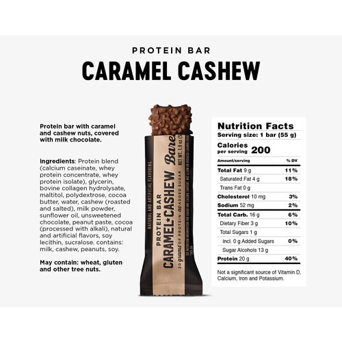 Barebells Protein bar packaging with 'Caramel Cashew' flavor, including nutrition facts and ingredients list.