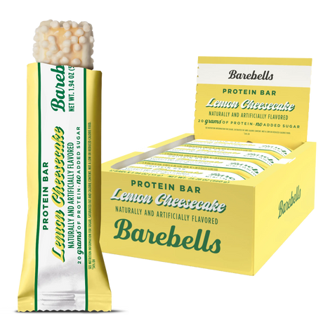 Barebells Lemon Cheesecake protein bar packaging.