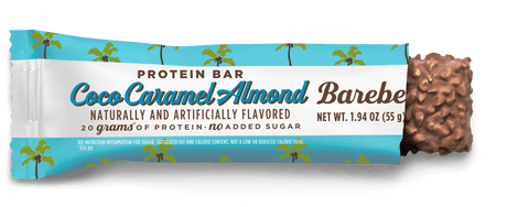 Coco Caramel Almond Barebells protein bar packaging on a black background