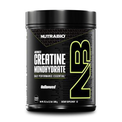 The Best NUTRABIO Micronized Creatine Monohydrate supplement container with 200 servings on a white background