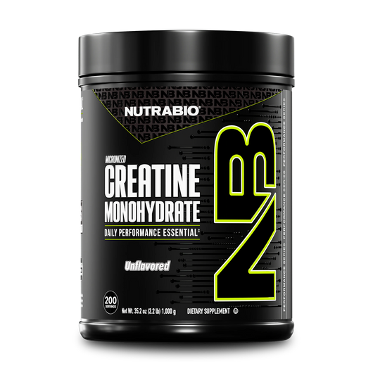 The Best NUTRABIO Micronized Creatine Monohydrate supplement container with 200 servings on a white background
