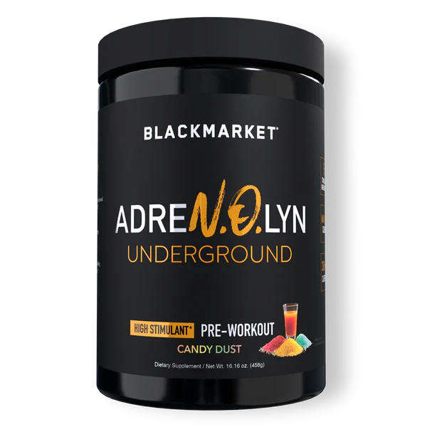A container of Black Market AdreNOlyn Stim Free Pre Workout with the flavor Candy Dust.