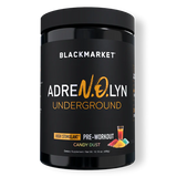 A container of Black Market AdreNOlyn Stim Free Pre Workout with the flavor Candy Dust.