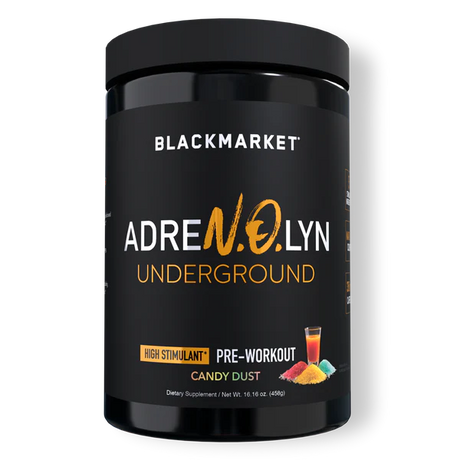 A container of Black Market AdreNOlyn Stim Free Pre Workout with the flavor Candy Dust.