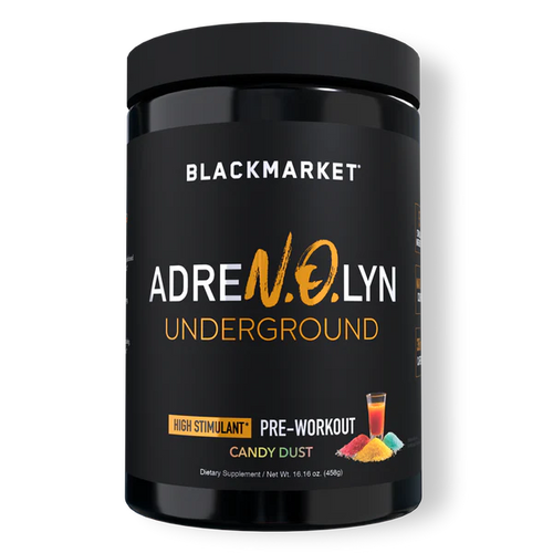 A container of Black Market AdreNOlyn Stim Free Pre Workout with the flavor Candy Dust.
