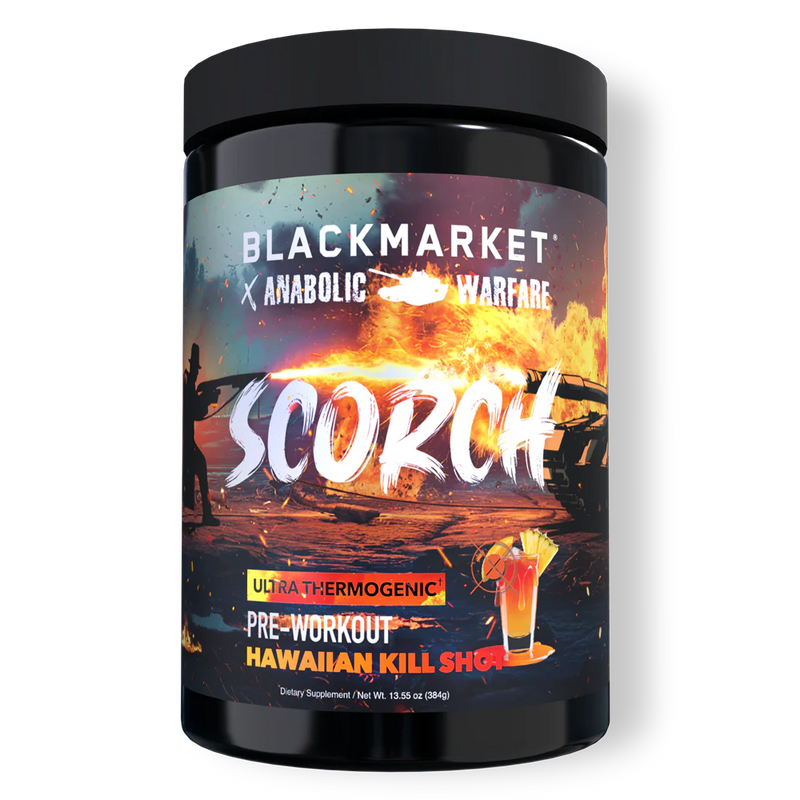 SCORCH Ultra Thermogenic Pre-Workout – Hawaiian Kill Shot, 20 servings by Black Market and Anabolic Warfare in a black tub with a white background
