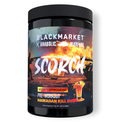 SCORCH Ultra Thermogenic Pre-Workout – Hawaiian Kill Shot, 20 servings by Black Market and Anabolic Warfare in a black tub with a white background