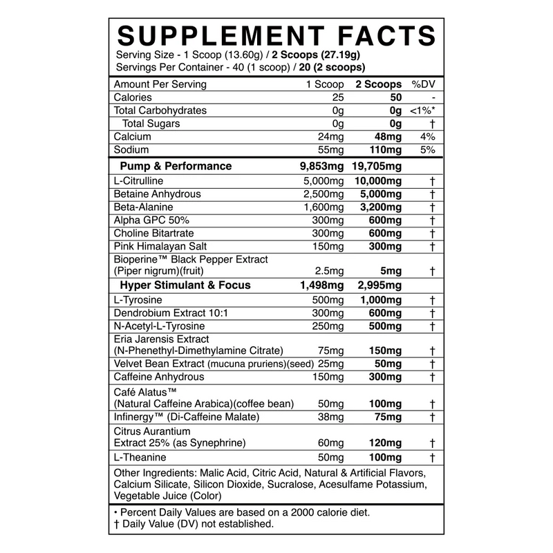 BlackMarket DEFY Pre-workout Supplement facts label with detailed ingredient list on a white background