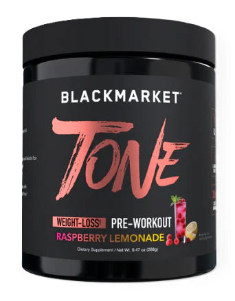 Blackmarket Tone Pre-workout supplement for females in raspberry lemonade flavor.