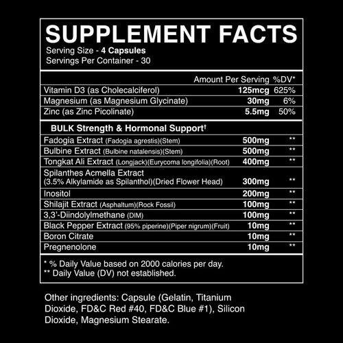 Supplement facts label form BlackMarket Labs Bulk Pills with detailed nutritional information on a black background