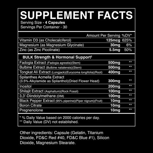Supplement facts label form BlackMarket Labs Bulk Pills with detailed nutritional information on a black background