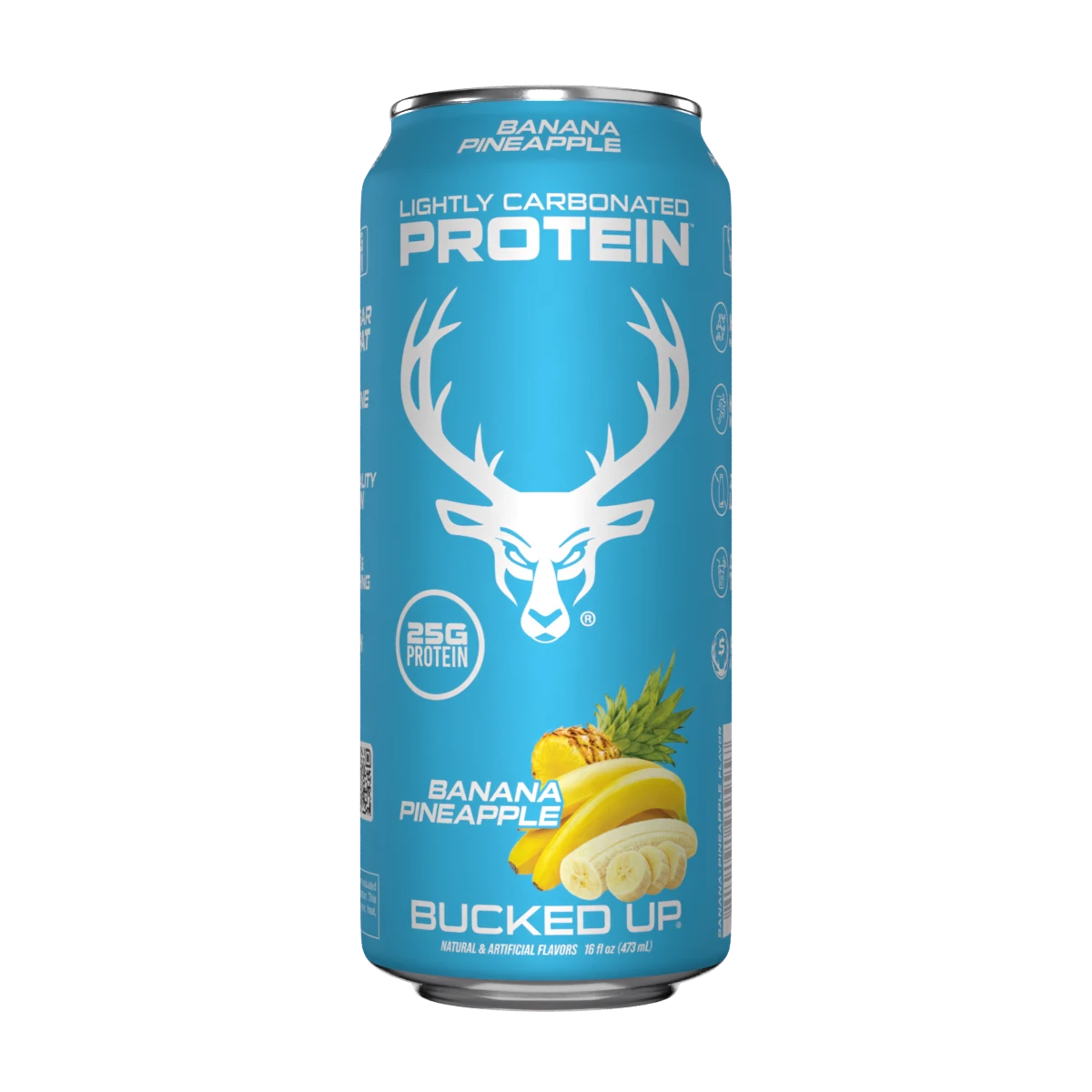 A can of Bucked Up Protein RTD with a blue background featuring a white deer logo, labeled as 'Banana Pineapple' flavor, and indicating 25g of protein, 0g sugar, and 0g fat.