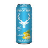A can of Bucked Up Protein RTD with a blue background featuring a white deer logo, labeled as 'Banana Pineapple' flavor, and indicating 25g of protein, 0g sugar, and 0g fat.