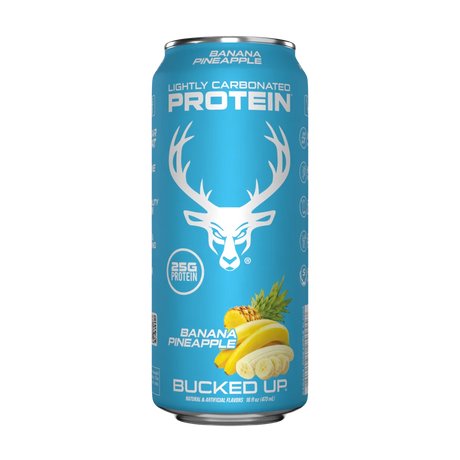 A can of Bucked Up Protein RTD with a blue background featuring a white deer logo, labeled as 'Banana Pineapple' flavor, and indicating 25g of protein, 0g sugar, and 0g fat.