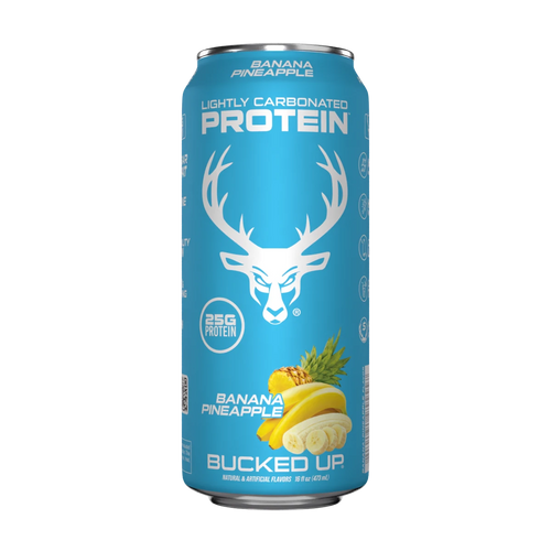 A can of Bucked Up Protein RTD with a blue background featuring a white deer logo, labeled as 'Banana Pineapple' flavor, and indicating 25g of protein, 0g sugar, and 0g fat.