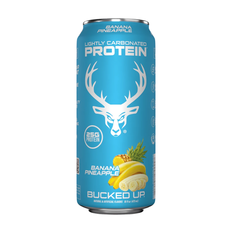 A can of Bucked Up Protein RTD with a blue background featuring a white deer logo, labeled as 'Banana Pineapple' flavor, and indicating 25g of protein, 0g sugar, and 0g fat.