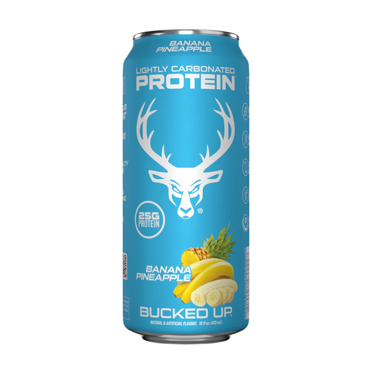 A can of Bucked Up Protein RTD with a blue background featuring a white deer logo, labeled as 'Banana Pineapple' flavor, and indicating 25g of protein, 0g sugar, and 0g fat.