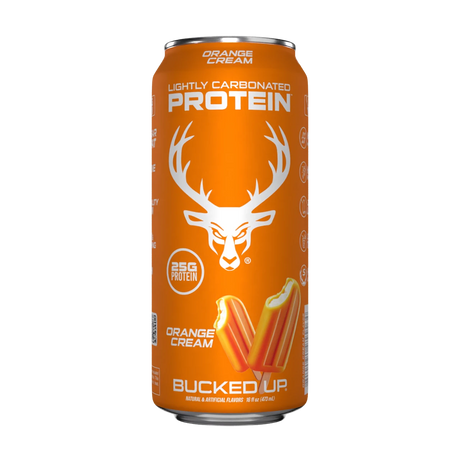 A can of Bucked Up Protein RTD Drink labeled as 'Orange Cream' flavor, and indicating 25g of protein, 0g sugar, and 0g fat.