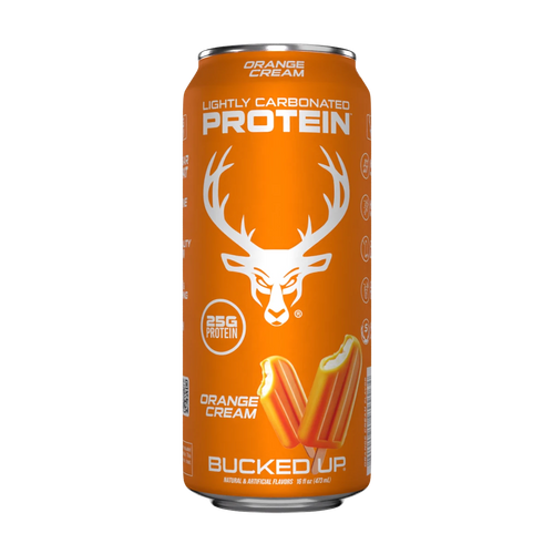 A can of Bucked Up Protein RTD Drink labeled as 'Orange Cream' flavor, and indicating 25g of protein, 0g sugar, and 0g fat.