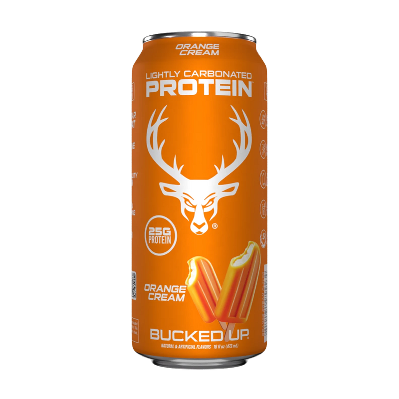 A can of Bucked Up Protein RTD Drink labeled as 'Orange Cream' flavor, and indicating 25g of protein, 0g sugar, and 0g fat.