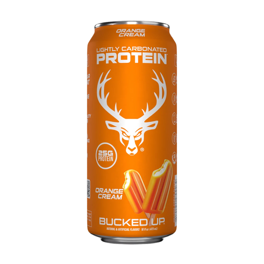 A can of Bucked Up Protein RTD Drink labeled as 'Orange Cream' flavor, and indicating 25g of protein, 0g sugar, and 0g fat.