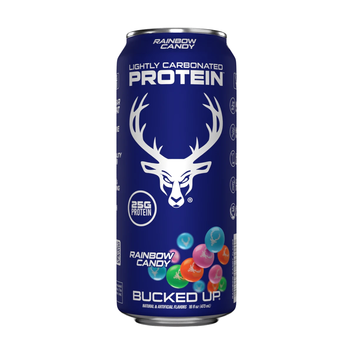 Bucked Up Lightly Carbonated Protein Drink in Rainbow Candy with no lactose and zero sugar