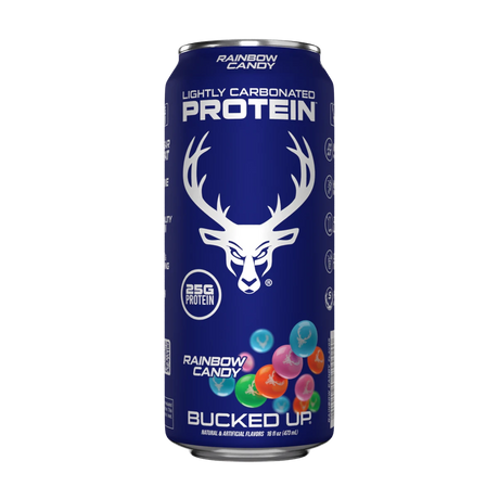 Bucked Up Lightly Carbonated Protein Drink in Rainbow Candy with no lactose and zero sugar