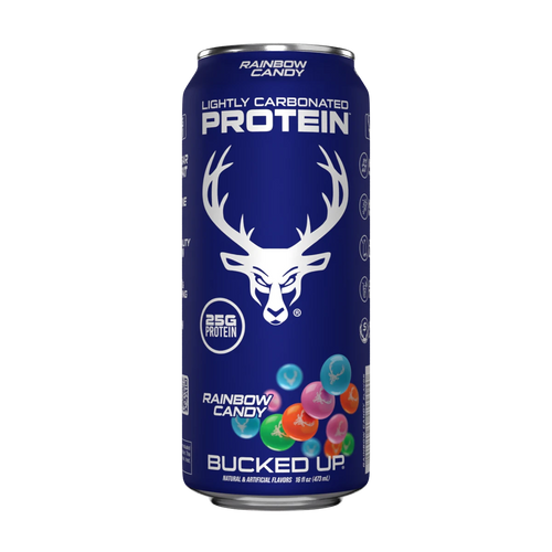 Bucked Up Lightly Carbonated Protein Drink in Rainbow Candy with no lactose and zero sugar