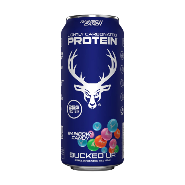 Bucked Up Lightly Carbonated Protein Drink in Rainbow Candy with no lactose and zero sugar