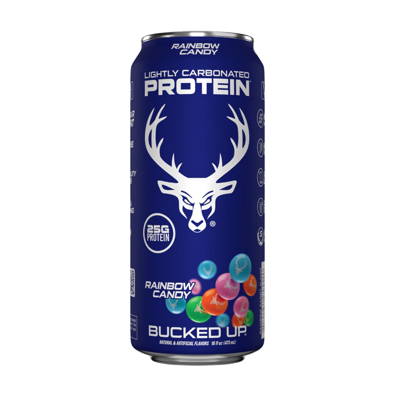 Bucked Up Lightly Carbonated Protein Drink in Rainbow Candy with no lactose and zero sugar