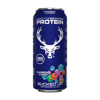 Bucked Up Lightly Carbonated Protein Drink in Rainbow Candy with no lactose and zero sugar