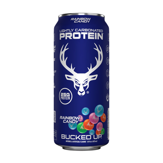 Bucked Up Lightly Carbonated Protein Drink in Rainbow Candy with no lactose and zero sugar
