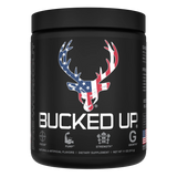 Container of Bucked Up Pre Workout Supplement with a black background featuring a white graphic of a deer head with American flag colors and text that reads 'BUCKED UP'.