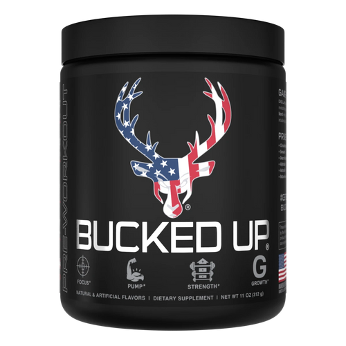 Container of Bucked Up Pre Workout Supplement with a black background featuring a white graphic of a deer head with American flag colors and text that reads 'BUCKED UP'.
