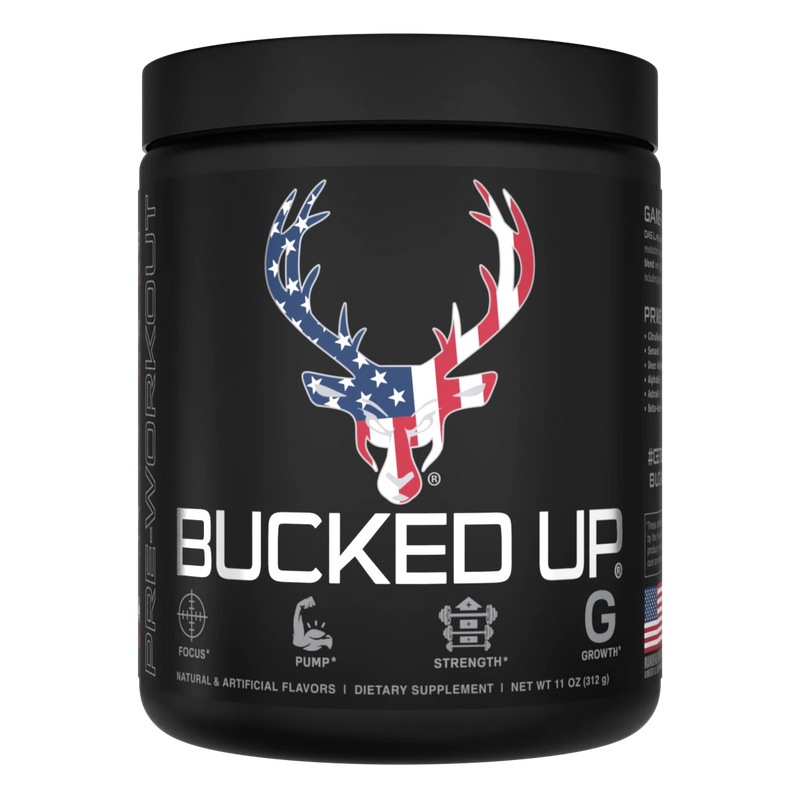 Container of Bucked Up Pre Workout Supplement with a black background featuring a white graphic of a deer head with American flag colors and text that reads 'BUCKED UP'.