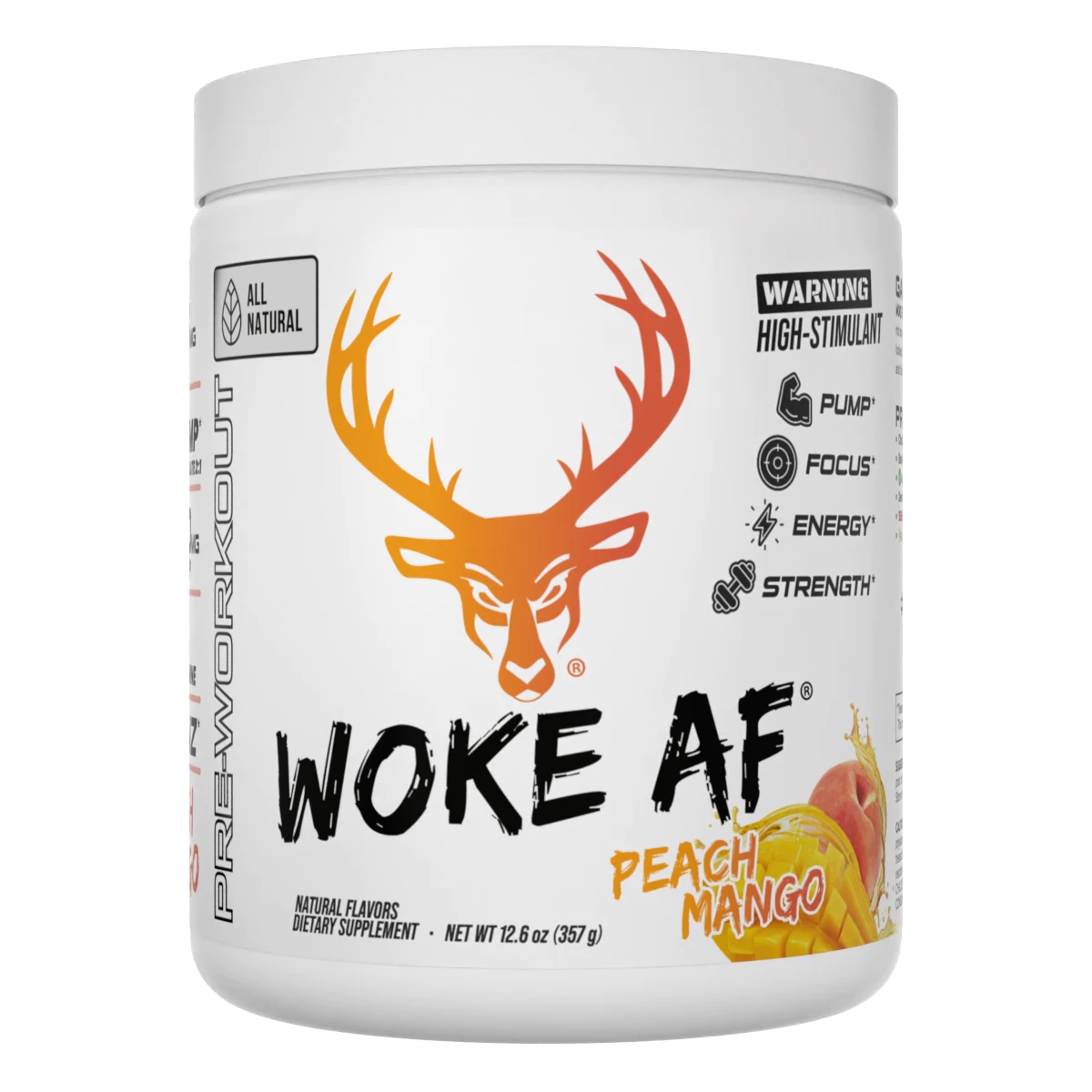 Bucked Up Woke AF All Natural Pre Workout Peach Mango in a white container with black and orange lettering 