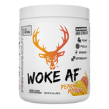 Bucked Up Woke AF All Natural Pre Workout Peach Mango in a white container with black and orange lettering 